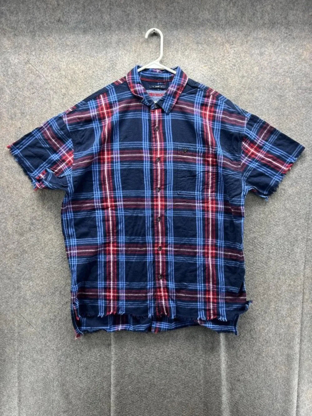 True Religion Shirt Men XL Blue Plaid Short Sleeve Button Up Fringe Hem Slouch